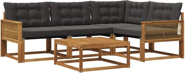 vidaXL Outdoor-Sofagarnitur L-Form aus massivem Akazienholz mit Textilene und 5 Kissen in Schwarz und Natur - Bild 1