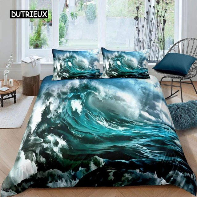 Bettwäsche-Set mit Meereswellen-Motiv von Binchi Outdoor Product in Blau, bestehend aus Bettbezug und Kissenbezug aus Mikrofaser, Breite: 140 cm, Höhe: 210 cm - Bild 1