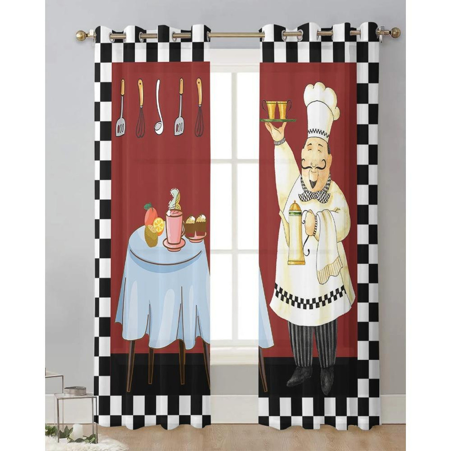 Yiran Furniture Transparenter Tüll-Voile-Fenstervorhang Kariert in Rot Schwarz und Weiß mit Ösen, Breite: 135 cm, Höhe: 115 cm - Bild 2