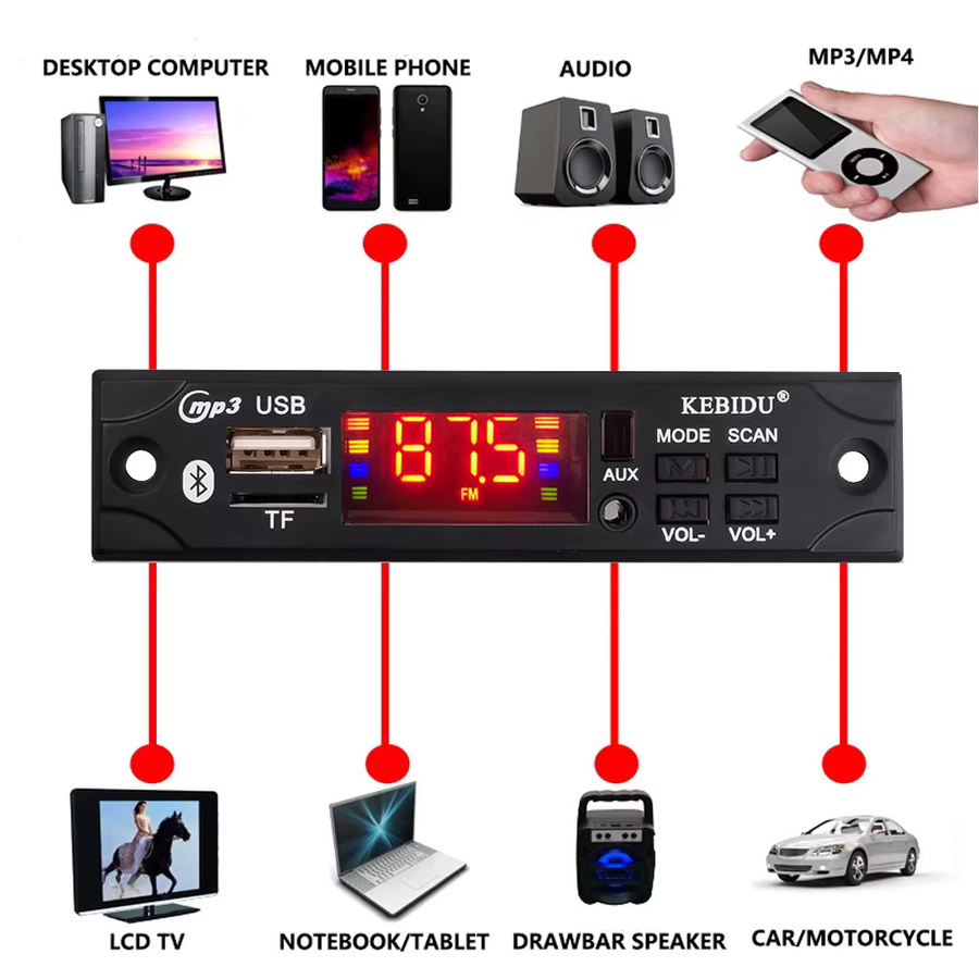 KEBIDU Bluetooth 5.0 MP3 WMA Decoder-Board mit Fernbedienung, kabelloser Musikplayer für Auto-Audio mit USB, TF, FM Radio und AUX in Schwarz - Bild 4