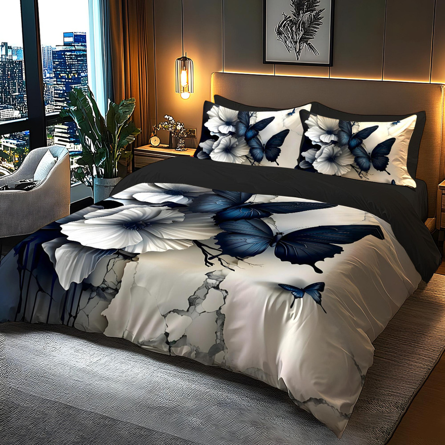 Grosstor Bettwäsche Set mit Schmetterling und floralem Marmor-Design in Blau, bestehend aus Bettbezug und Kissenbezug, B/H: 172 x 218 cm - Bild 3