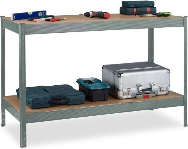 Relaxdays Werkbank aus Stahl und MDF in Anthrazit und Braun mit 2 Ebenen, B/T/H: 141 x 61 x 91 cm - Bild 1