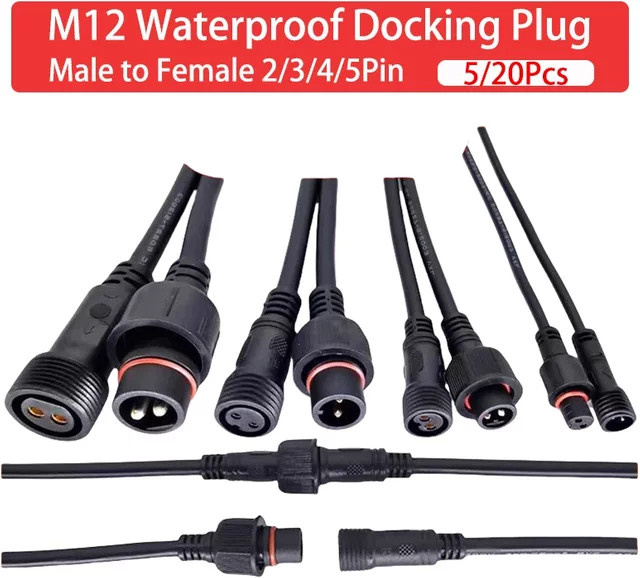 M12 IP65 Wasserdichte Kabelstecker Set für LED Streifen mit 2 3 4 oder 5 Pin als männliche und weibliche Ausführung in Schwarz, Länge: 20 cm - Bild 1