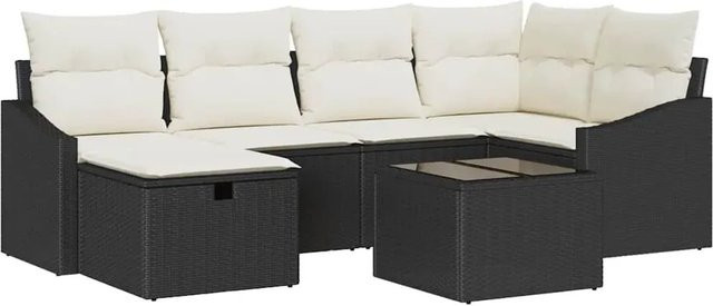 vidaXL Garten-Sofa-Set 7-tlg. in L-Form mit Kissen, Ottoman und Couchtisch, Schwarz und Beige - Bild 1