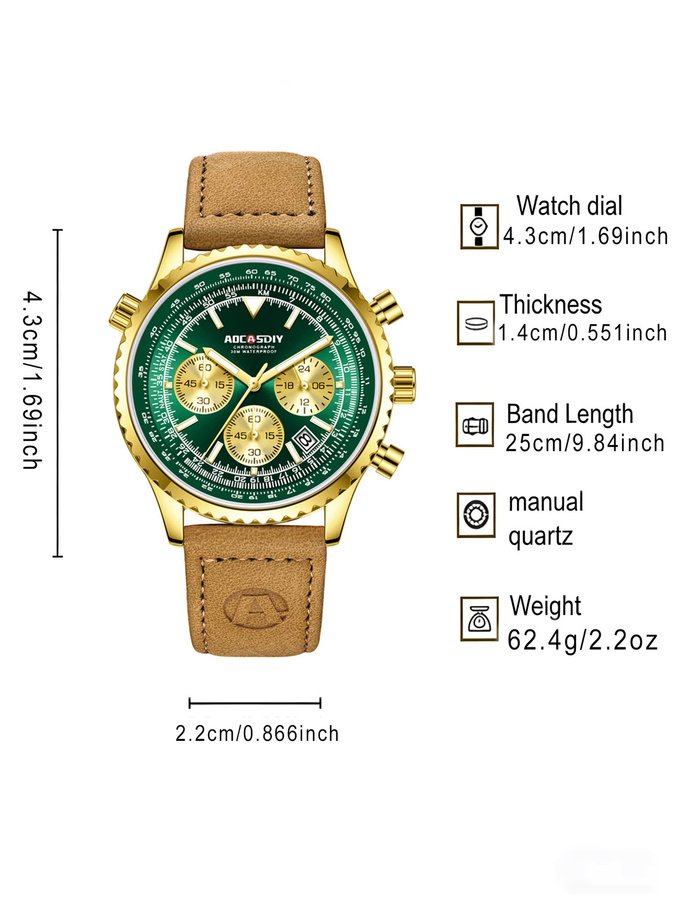 ONOLA Armbanduhr, Quarz, Analoguhr, Leder, Grün, Gold, Herren - Bild 2