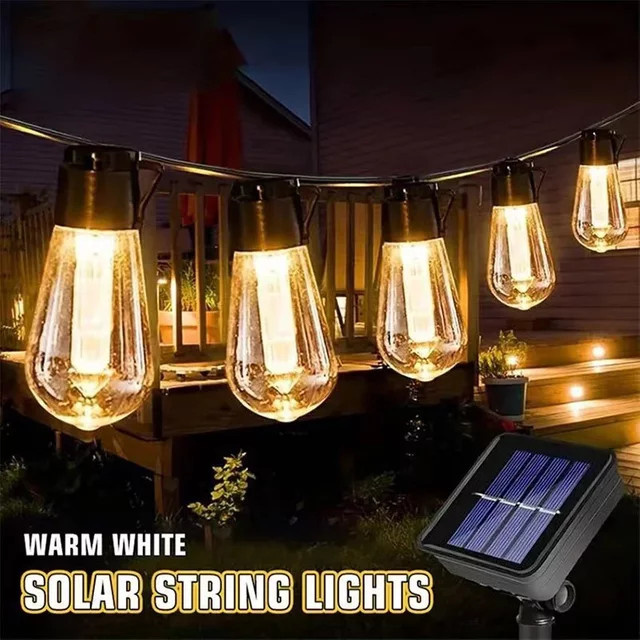 Solar LED Lichterkette Super-Cheese mit Retro Vintage Glühbirnen, IP65 Wasserdicht, Warmweiß, Schwarz, für Garten und Party-Dekoration - Bild 1
