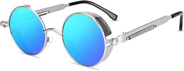 LZ-Fashion Sonnenbrille, Runde Metallfassung, Silber/Blau, Unisex - Bild 1