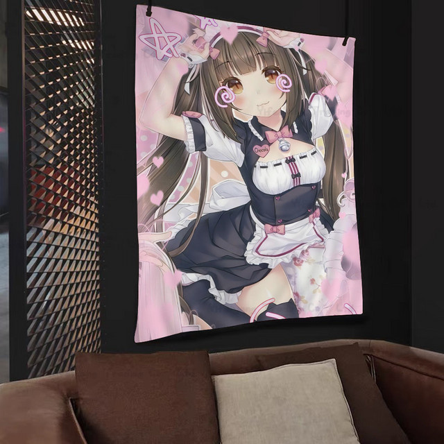 Mesuca Wandteppich Neko Para Chocola Vanille Anime Motiv in Pink mit Herz-Illustration im Boho-Stil, Breite: 70 cm, Höhe: 50 cm - Bild 1