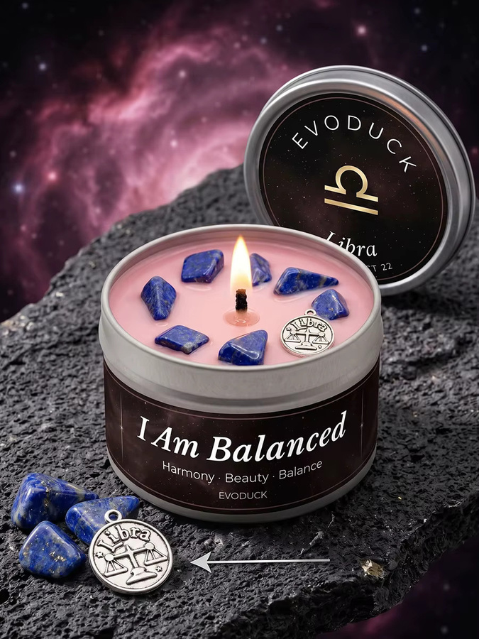 EVODUCK Astrologie Duftkerze Waage Rose Amber Aromatherapie-Kerze in Metalldose, 85 g - Bild 6