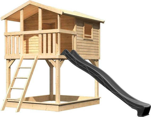 Karibu Stelzenhaus Benjamin aus Massivholz mit Rutsche und Holzleiter in Natur-Anthrazit - Bild 1