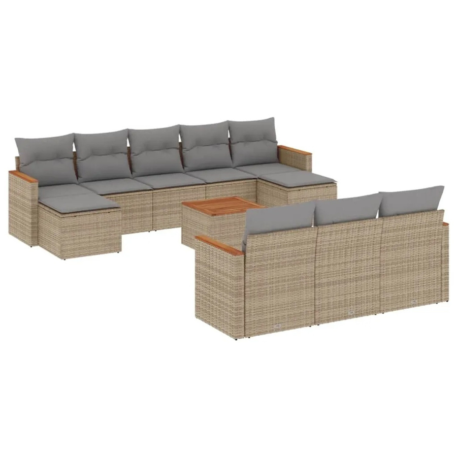 vidaXL 11-tlg. Garten-Sofagarnitur in U-Form aus Poly-Rattan und Akazienholz mit beigen Kissen, Beige - Bild 2