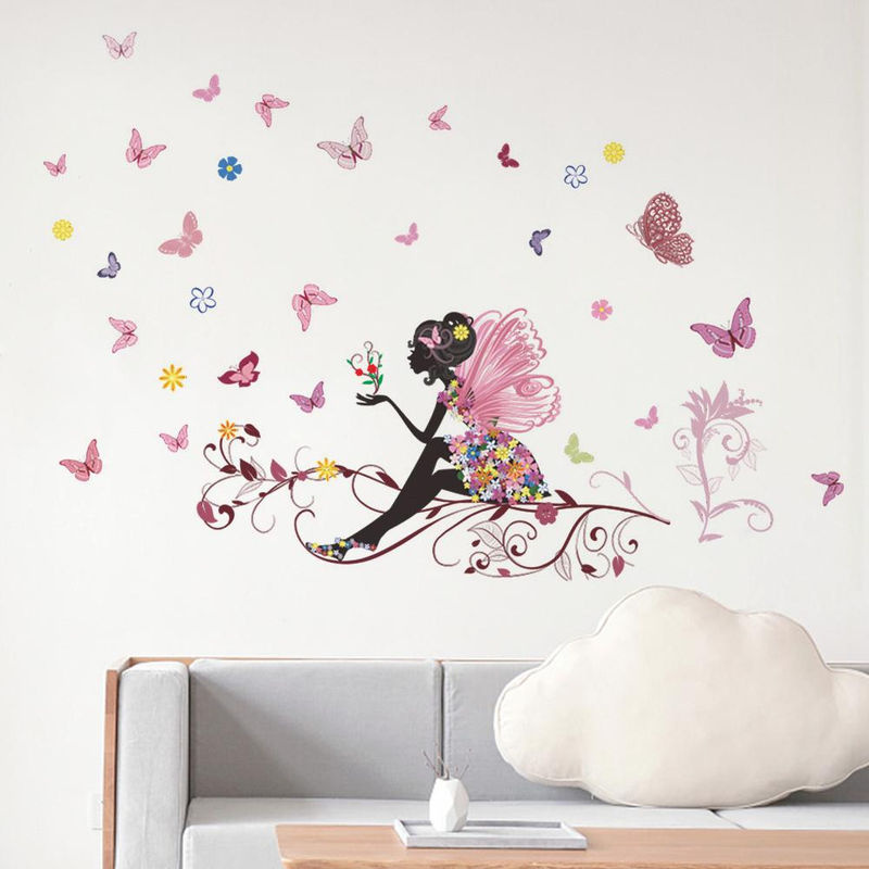 TOMTOP JMS Wandaufkleber Fee Blume Schmetterling aus PVC in Schwarz und Mehrfarbig für Kinderzimmer und Home Decor - Bild 3