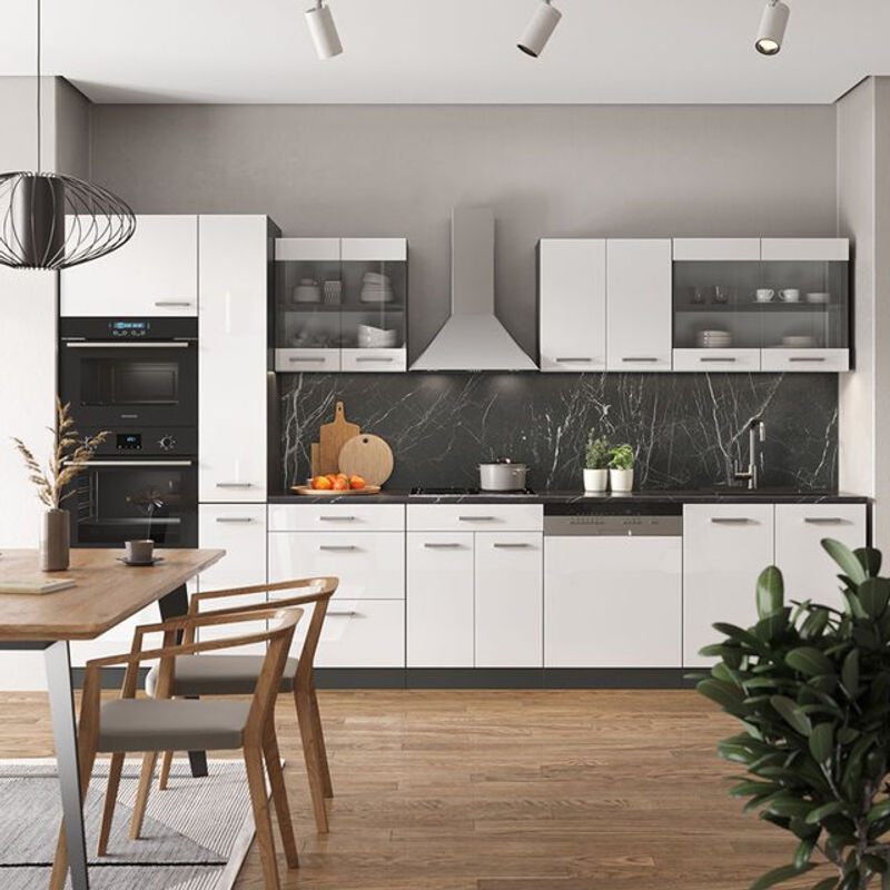 Vicco Küchenzeile R-Line in Weiß Hochglanz und Anthrazit mit Hochschrank und Marmor-Optik, Breite: 350 cm, Höhe: 207 cm, Tiefe: 60 cm - Bild 1