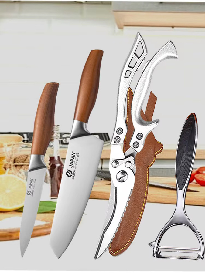 WXCOO Japanisches Küchenmesser-Set aus Edelstahl in Silber mit Holzgriff inklusive Fischschneidemesser, Ausbeinmesser, Schere und Obstschäler - Bild 6