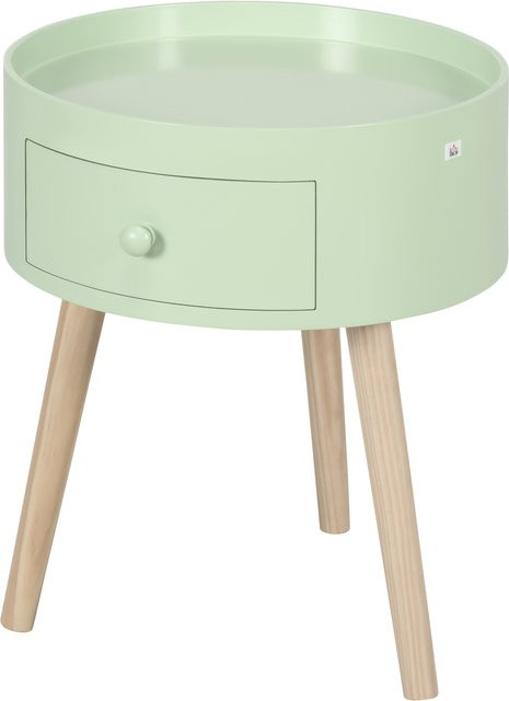 Aosom Beistelltisch in skandinavischem Design mit Schublade und runder Form, Grüner Nachttisch und Couchtisch mit konischen Holzbeinen - Bild 1