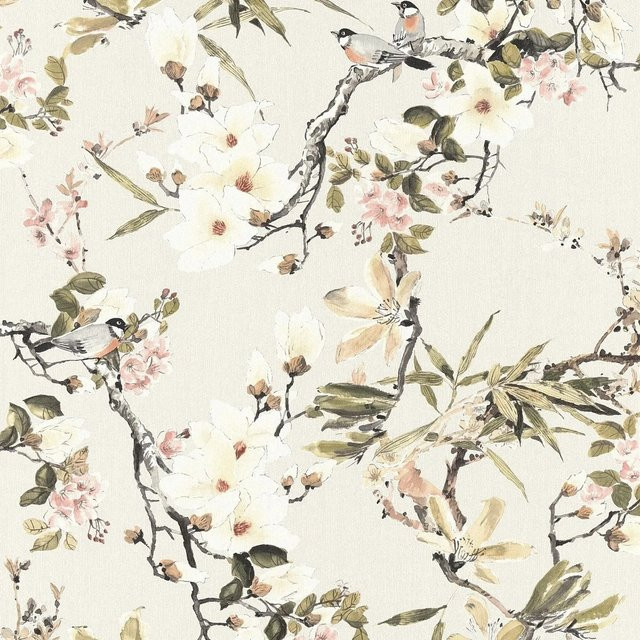 Profhome Tapete mit Blumen- und Vogelmuster in Beige, Grün, Grau und Pink, matt, Vlies, Breite: 0,53 m, Länge: 10,05 m - Bild 1