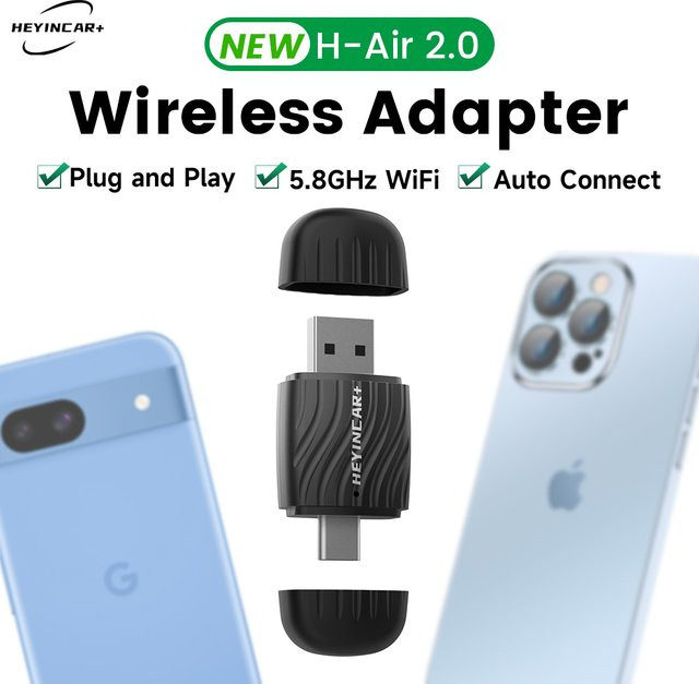 HEYINCAR Kabelloser CarPlay und Android Auto Adapter in Schwarz – Plug & Play Dongle für Apple und Android zur Umwandlung von kabelgebunden auf kabellos - Bild 1