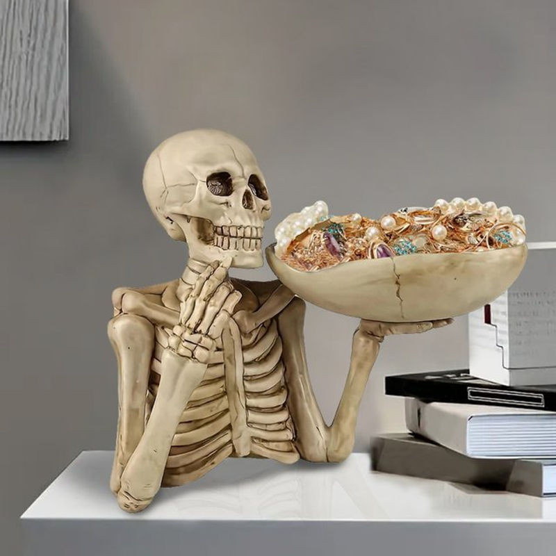 Totenkopf-Tablett-Ornament aus Kunstharz in Beige mit Schüssel für Halloween und Tag der Toten Dekoration - Bild 1