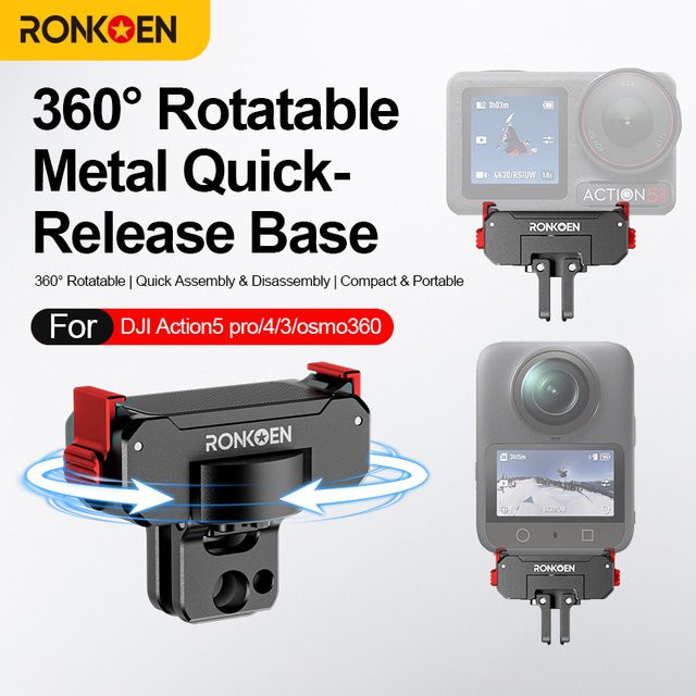 Ronkoen Metall-Schnellverschlusshalterung aus Aluminiumlegierung für DJI Osmo Action 3, 4, 5Pro und 6 in Schwarz mit drehbarem Design - Bild 1