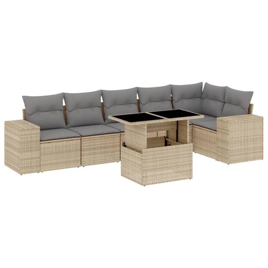 vidaXL 7-tlg Garten-Sofagarnitur in L-Form aus beigem Poly-Rattan mit Kissen und pulverbeschichtetem Stahlgestell - Bild 2
