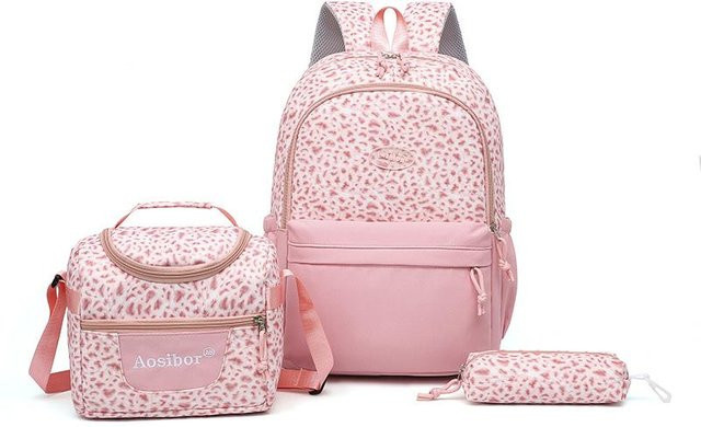 OKKID 3er Set Schulranzen für Mädchen mit Leopardenmuster, Rucksack, Federmäppchen und Brotdose in Weiß - Bild 1