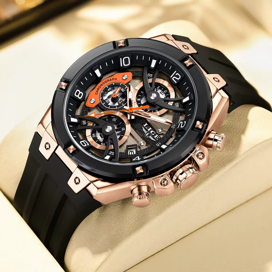 LIGE Armbanduhr Chronograph, Quarz, Silikonarmband, Herren, Schwarz - Bild 2