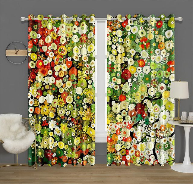Bunte Vorhänge mit Blumenmuster in Grün und Pfirsich, 2er-Set halbtransparent mit Ösen, Breite: 50 cm, Höhe: 130 cm pro Paneel - Bild 1