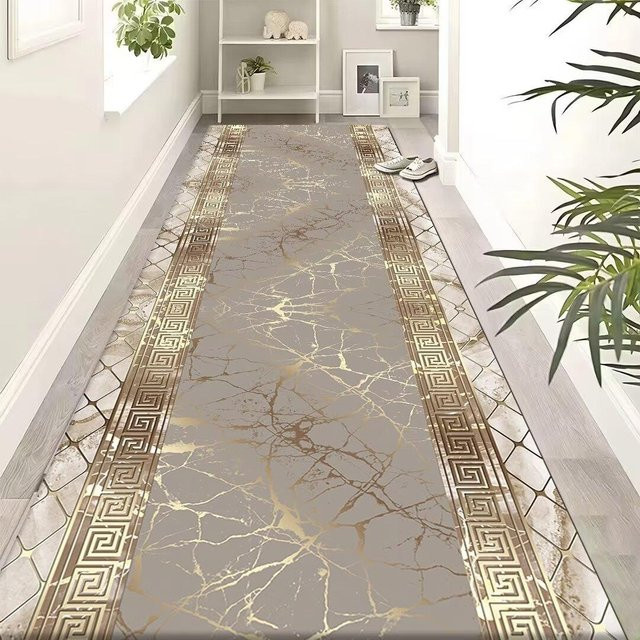 Karpetti Flur Teppich Läufer in Gold und Grau, geometrisches Design, rutschfest und waschbar, B/T: 80 x 200 cm - Bild 1