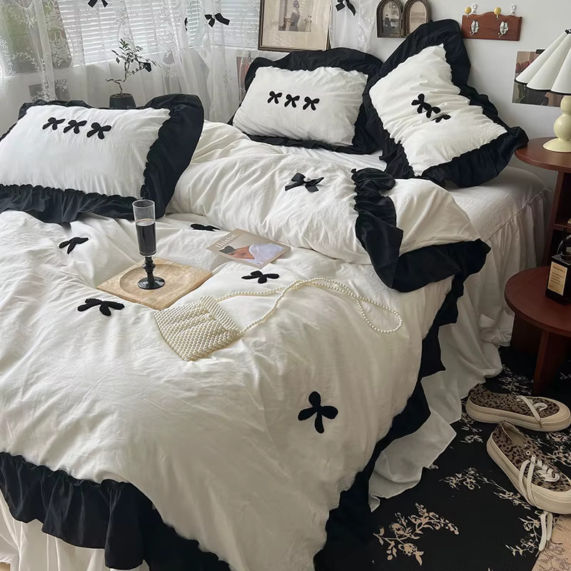 Gooogos Bettwäsche Set Koreanischer Prinzessin Stil Kawaii Schwarz mit Schleife, 3-teilig, B/T/H: 150 x 200 cm - Bild 3