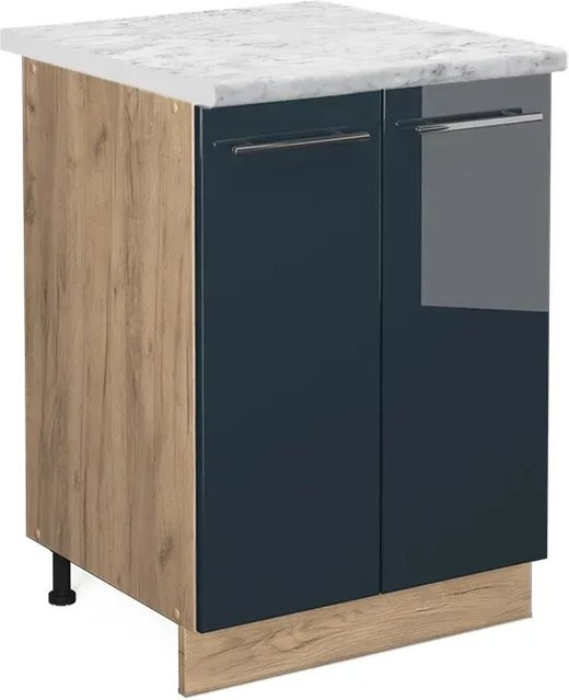 Vicco Küchenunterschrank Fame-Line in Dunkelblau Hochglanz und Goldkraft Eiche mit Marmor-Optik, Breite: 60 cm - Bild 1