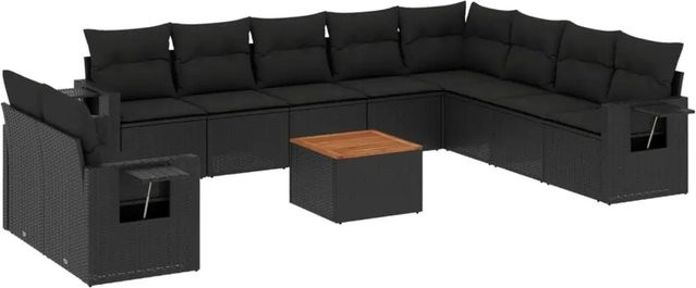 vidaXL 11-tlg Garten-Sofagarnitur in L-Form aus Polyrattan und Akazienholz mit Kissen, Schwarz - Bild 1