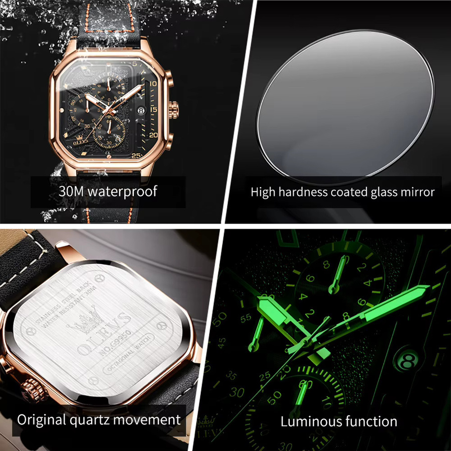 OLEVS Chronograph, Armbanduhr, Leder, Roségold, Schwarz, Herren - Bild 5