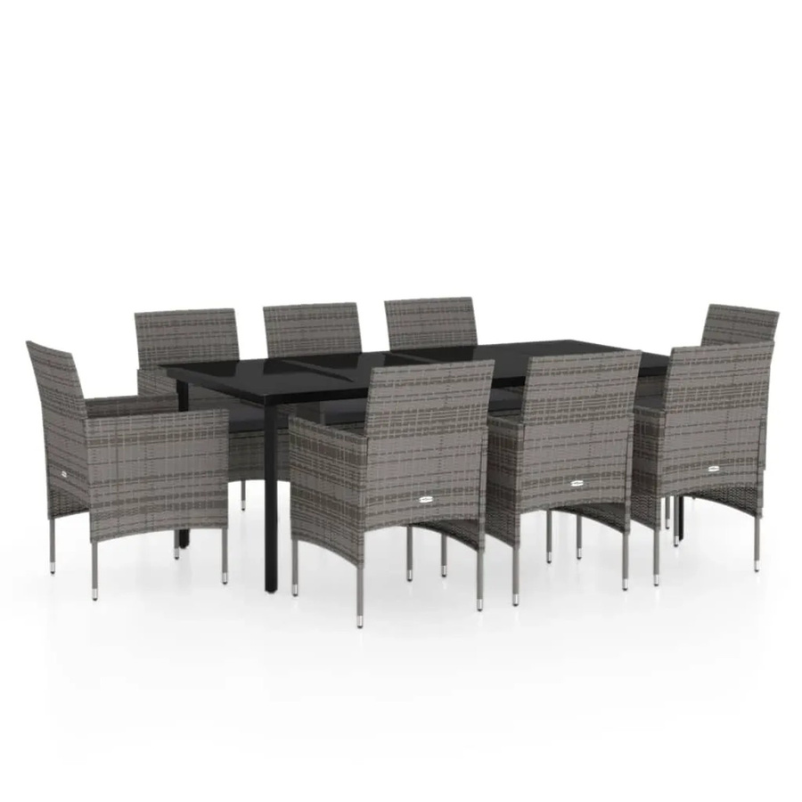 vidaXL 9-teilige Garten-Essgruppe aus PE-Rattan und pulverbeschichtetem Stahl mit Glasplatte und Kissen in Grau und Schwarz - Bild 2