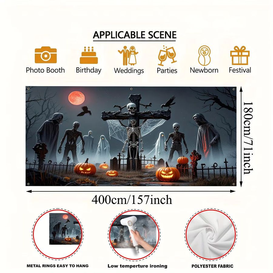 VIKAMA Halloween-Garagenflagge aus Polyester mit Schädel, Kürbis und Fledermaus-Design - Bild 2