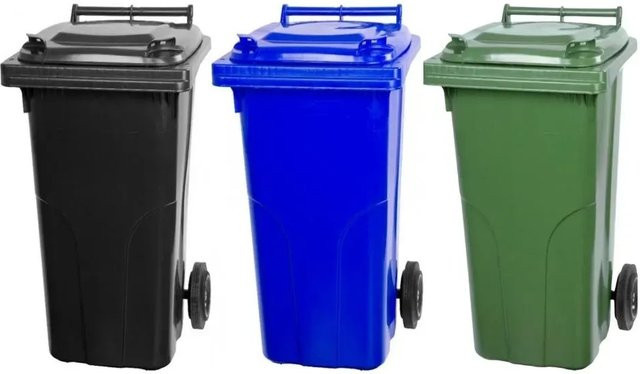PROREGAL SuperSparSet 3er-Pack Mülltonnen mit 2 Rädern aus HDPE-Kunststoff, 120 Liter, Farben: Grau, Schwarz, Blau und Grün - Bild 1
