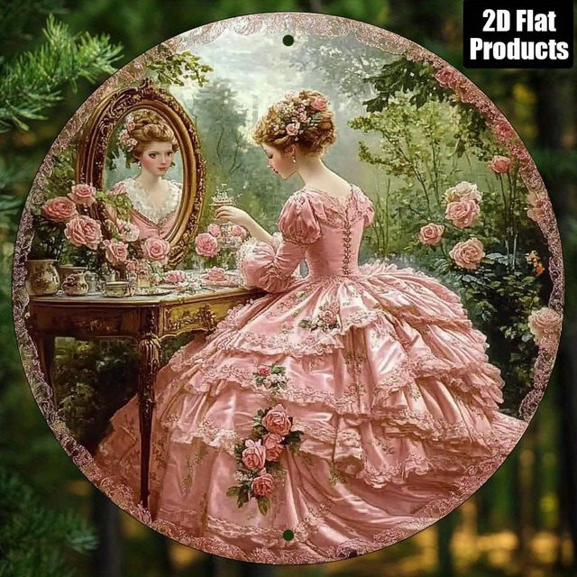 Potdemiel Runde Aluminium-Wandkunst im Vintage-Stil mit viktorianischem Mädchen und Blumen-Motiv, Durchmesser: 20,3 cm - Bild 1