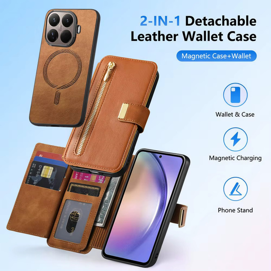 2-in-1 Magnetische Leder-Brieftaschenhülle mit Reißverschluss für Xiaomi 17T Pro 5G und Xiaomi 15T Pro in Orange oder Braun - Bild 2