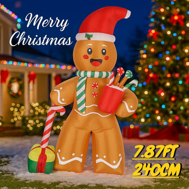 TONGHUANIU Aufblasbare Weihnachtsdekoration mit LED-Beleuchtung, Lebkuchenmann und Zuckerstange, Mehrfarbig, Höhe: 240 cm - Bild 1