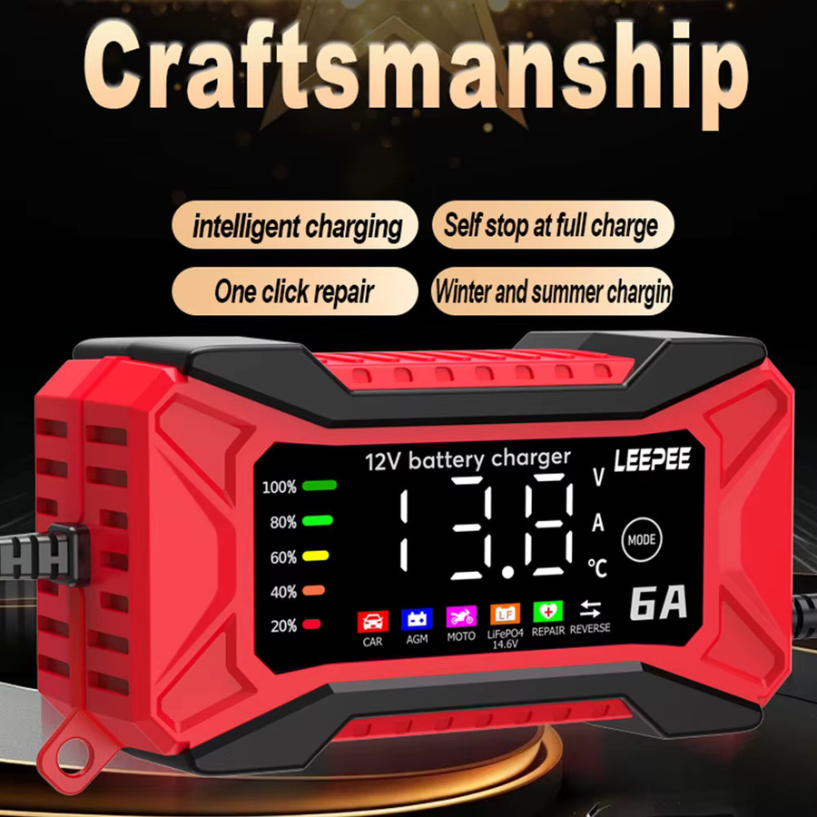 Digitales Smart Lithium-Eisen-Ladegerät mit LCD-Display für 12V Auto-Batterien, 14,6V 10A mit Puls-Reparaturfunktion, Farbe: Rot - Bild 4