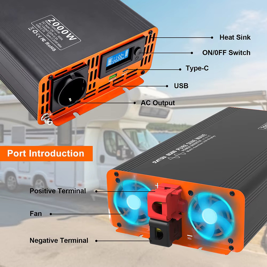 DATOUBOSS Wechselrichter 2000W Reiner Sinus DC 12V/24V/36V auf AC 220V Stromwandler mit USB Typ C und LCD in Schwarz - Bild 4