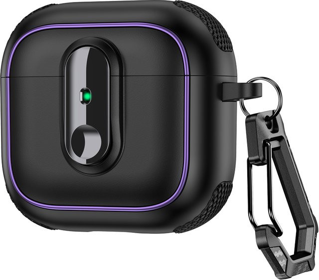 Schutzhülle für Apple AirPods 4, 3, 2 und Pro 3 mit Rüstungsverriegelungsverschluss und magnetischem Schutz in Lila mit gelben und schwarzen Streifen - Bild 1