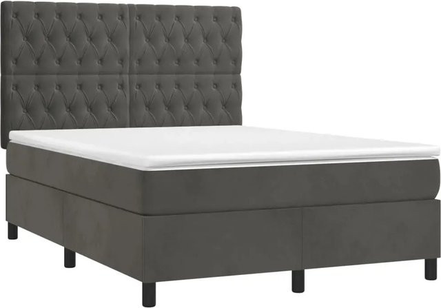vidaXL Boxspringbett mit Matratze in Dunkelgrau aus Samt mit LED-Unterbettbeleuchtung und USB-Anschluss, B/T/H: 140 x 200 x 144 cm - Bild 1