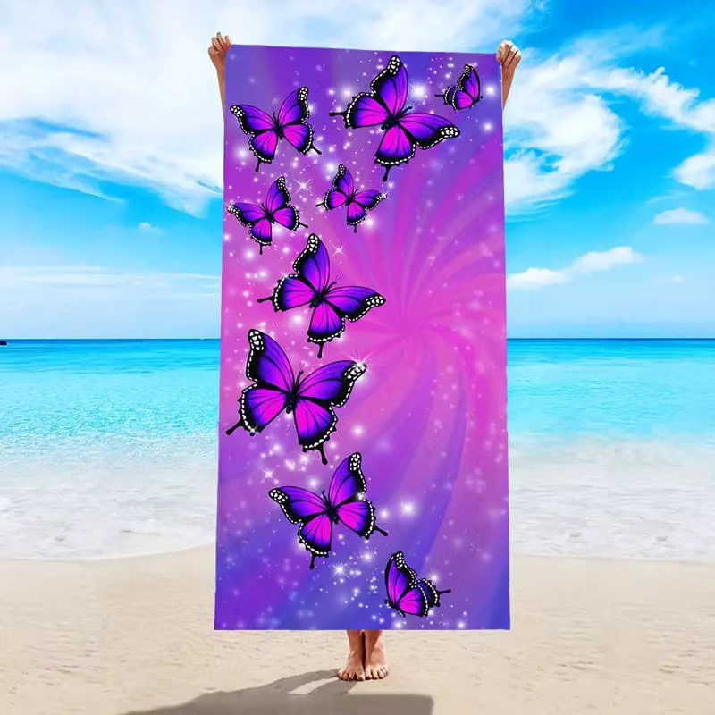 Saugfähiges Mikrofaser-Strandtuch mit Schmetterlingsdruck in Blau und Lila, B/B: 140 x 70 cm - Bild 2