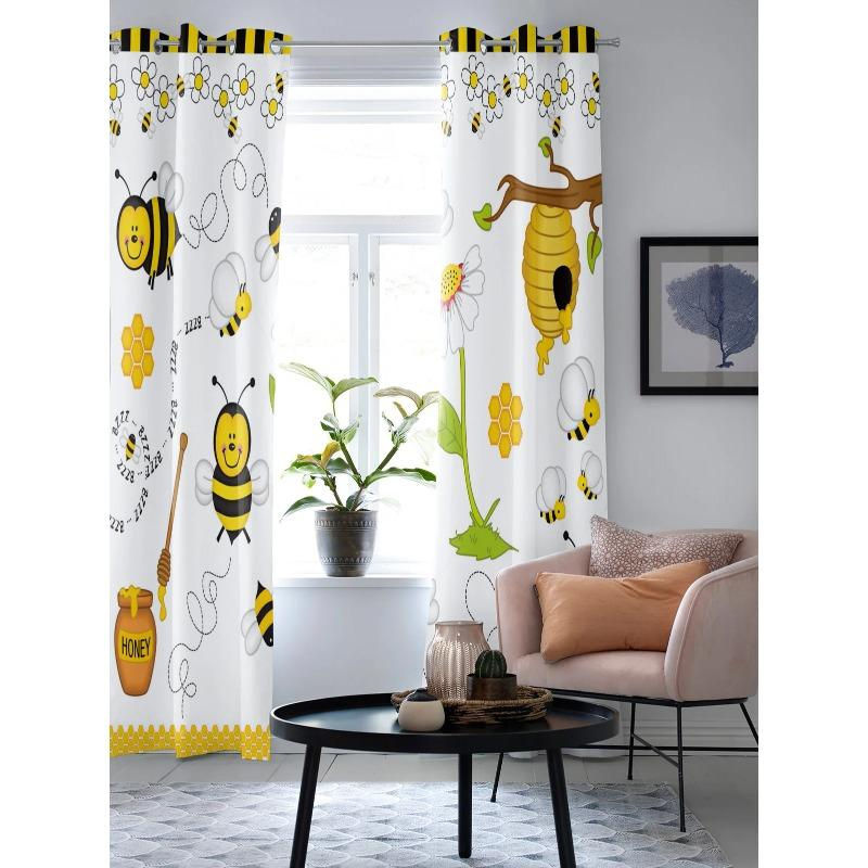Super Six Volantvorhang mit Bienen-Cartoon-Motiv in Beige, semi-transparent, Breite: 135 cm, Höhe: 60 cm - Bild 3
