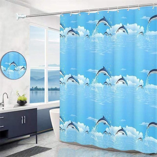 Wasserdichter und schimmelresistenter Duschvorhang von Juneng in Blau mit Tier-Motiv, Höhe: 180 cm, Breite: 80 cm - Bild 1