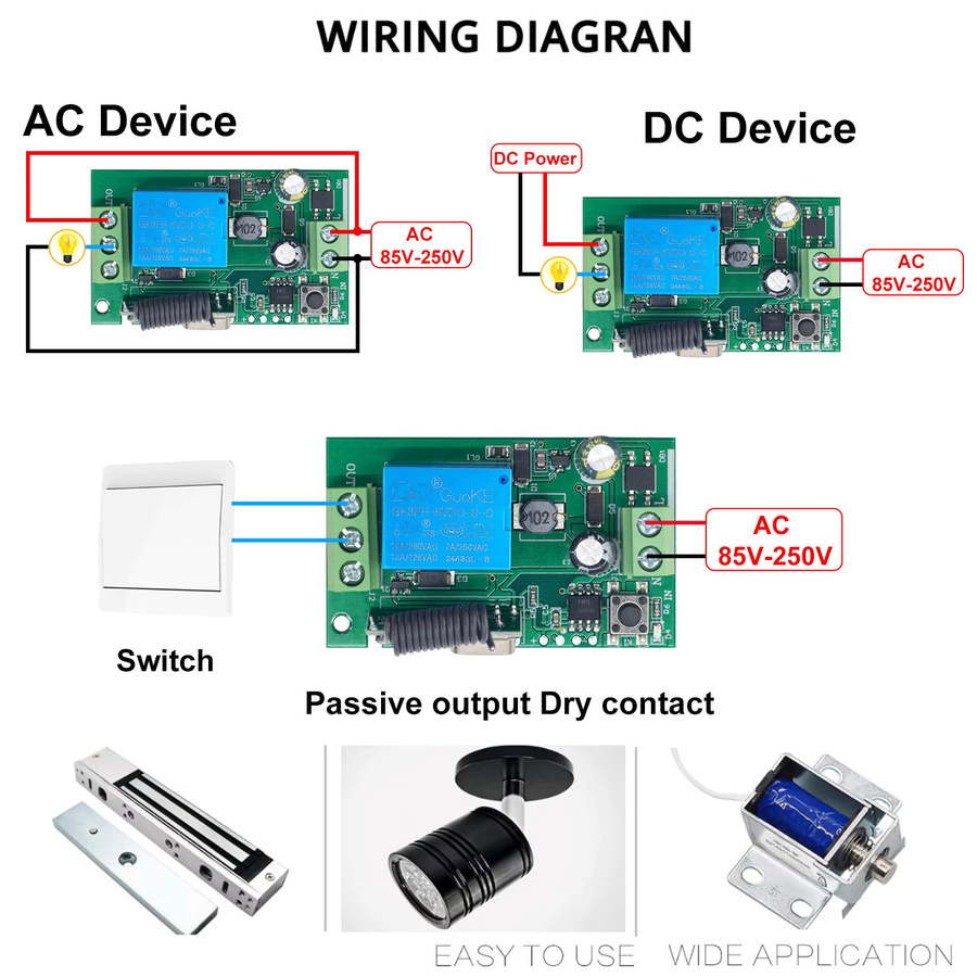 QIACHIP 433 MHz Trockenkontaktschalter Fernbedienung mit 10A 1CH Relaismodul Empfänger und Sender für Licht und Motor, AC110V 220V - Bild 3