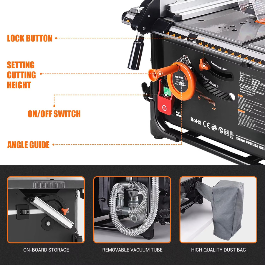 DOVAMAN Tischkreissäge mit 2000 W, 216 mm Sägeblatt, ausziehbarem Tisch und 60 mm Schnitttiefe für Gehrungsschnitte von 0–45 Grad - Bild 3