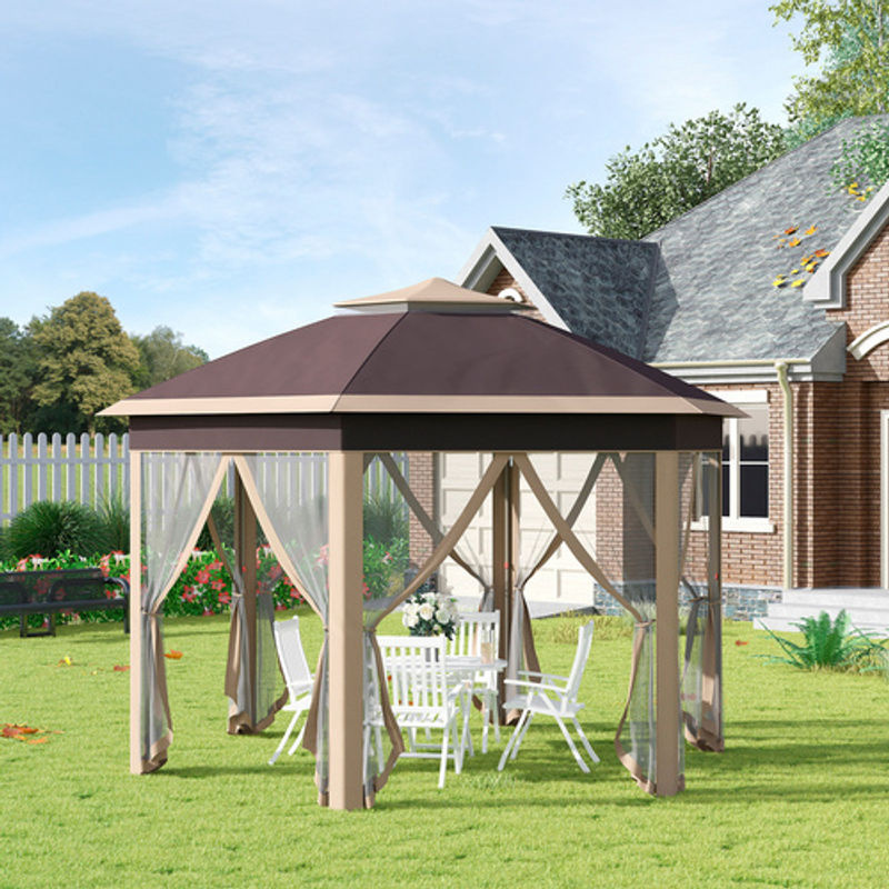 Outsunny Faltpavillon aus Polyester mit Doppeldach und Metallgestell, Beige/Braun, B: 405 cm, H: 285 cm, T: 405 cm - Bild 2