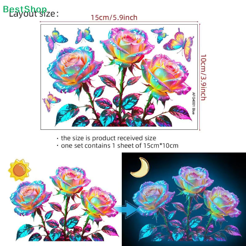HNKMP Leuchtender Wandaufkleber mit Rosen und Schmetterlingen für das Badezimmer, Multicolor, Unregelmäßige Form - Bild 6