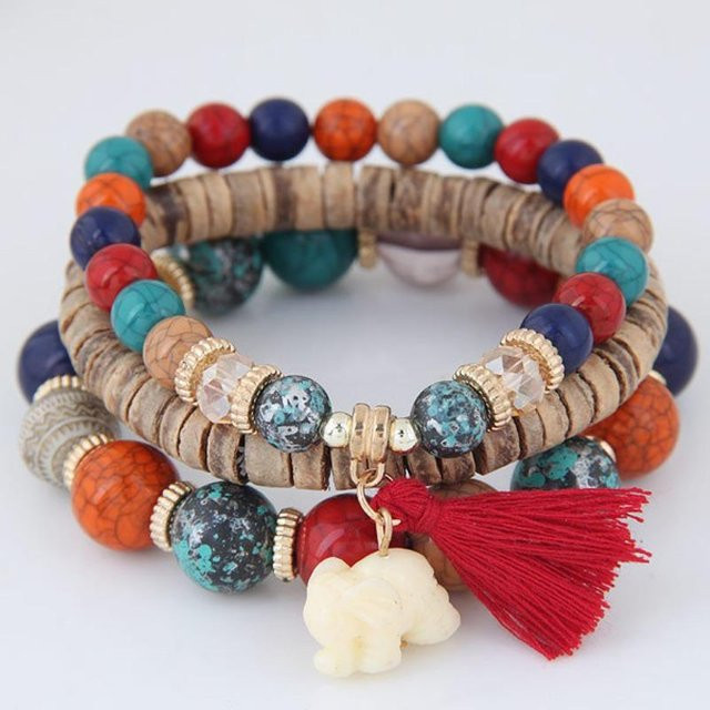 Perlenarmband, Türkis-Holz-Fransenarmband, Elefantenarmband, rot, Damen - Bild 1